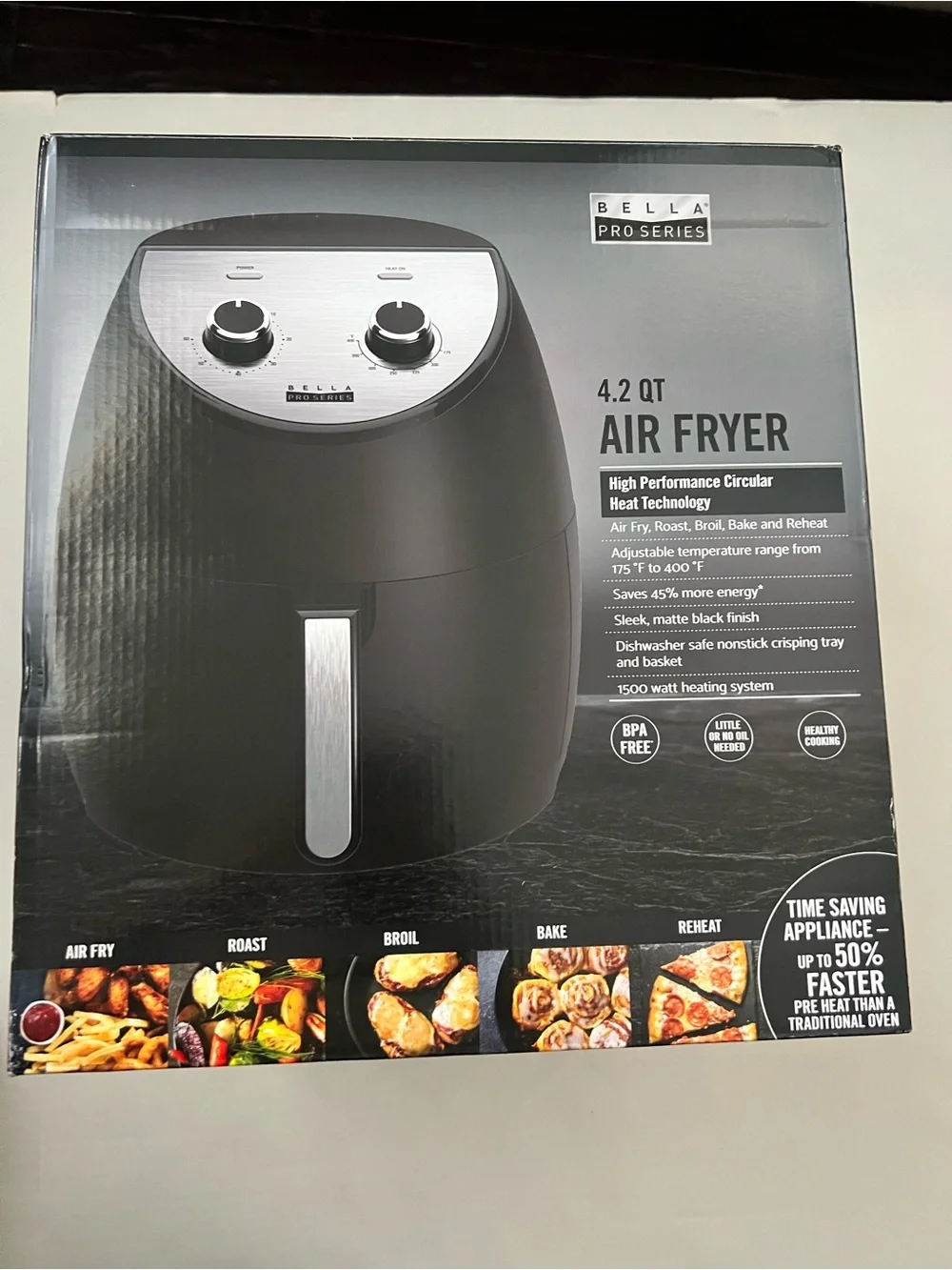 New Bella Pro Series 4.2 qt Air Fryer - Matte Black Broil Bake Reheat Fast Cook